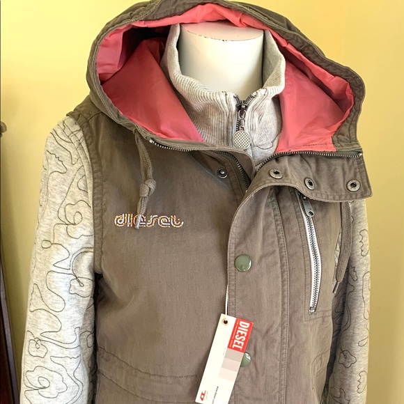 Diesel long khaki cotton cargo hooded winter vest windbreaker jacket hoodie coat - Picture 5 of 16